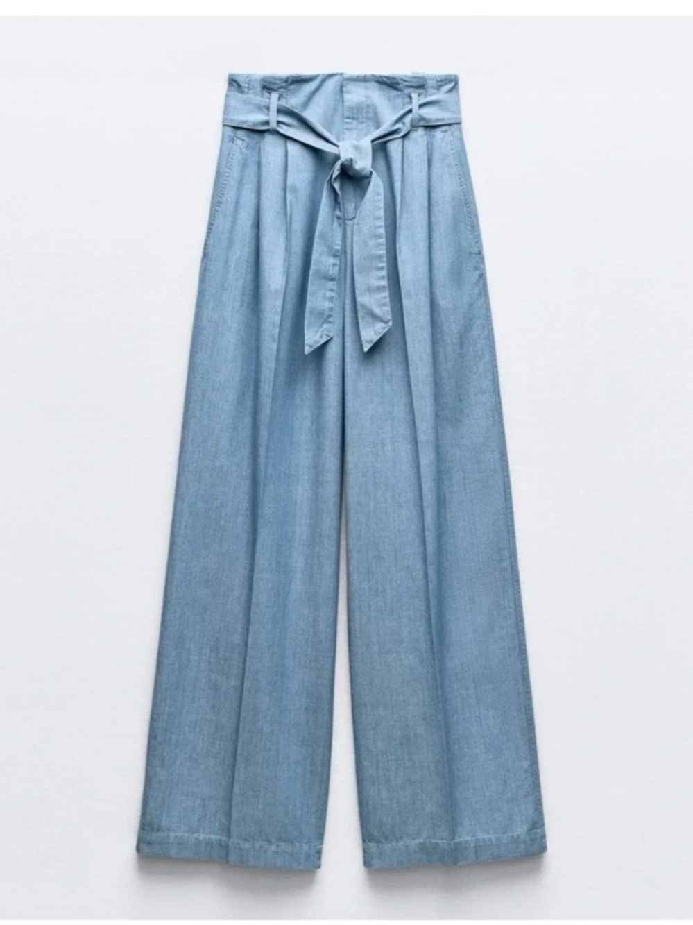 Zara Pale Blue chambray Wide-Leg High-Rise Jeans with Tie Waist